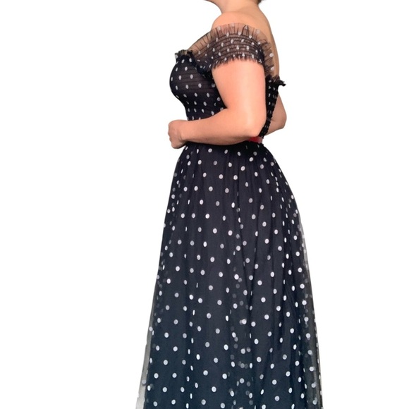 Elise - Elegant Black Polka Dot Off-Shoulder Dress - Small - Picture 12 of 14
